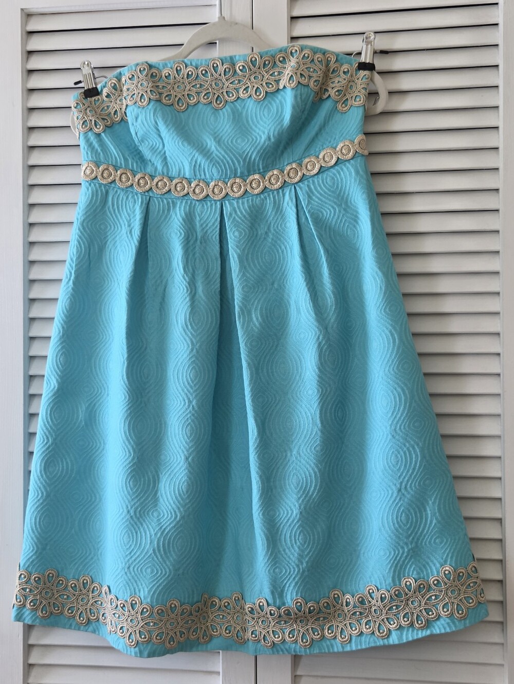 Lilly Pulitzer Strapless Turquoise Midi Dress with Gold Trim